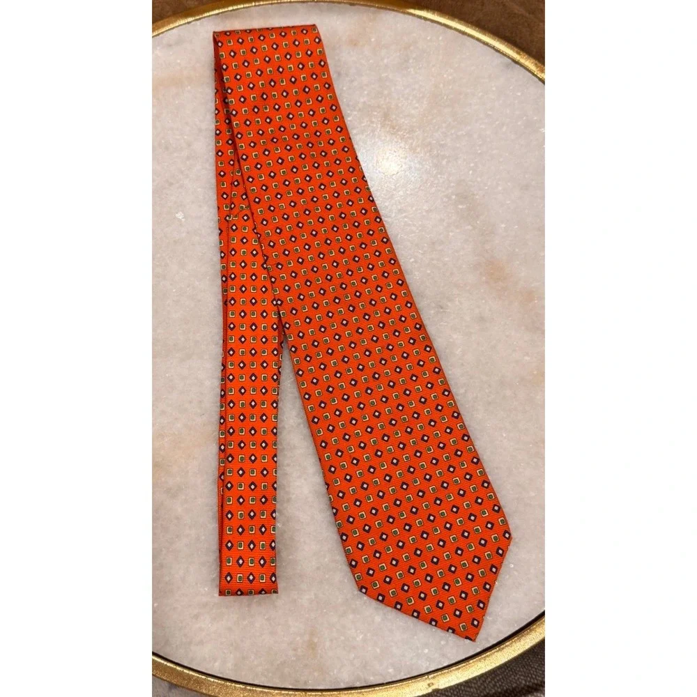 Lauren Ralph Lauren Mens Orange Geometric Silk Tie Hand Finished Made in USA
